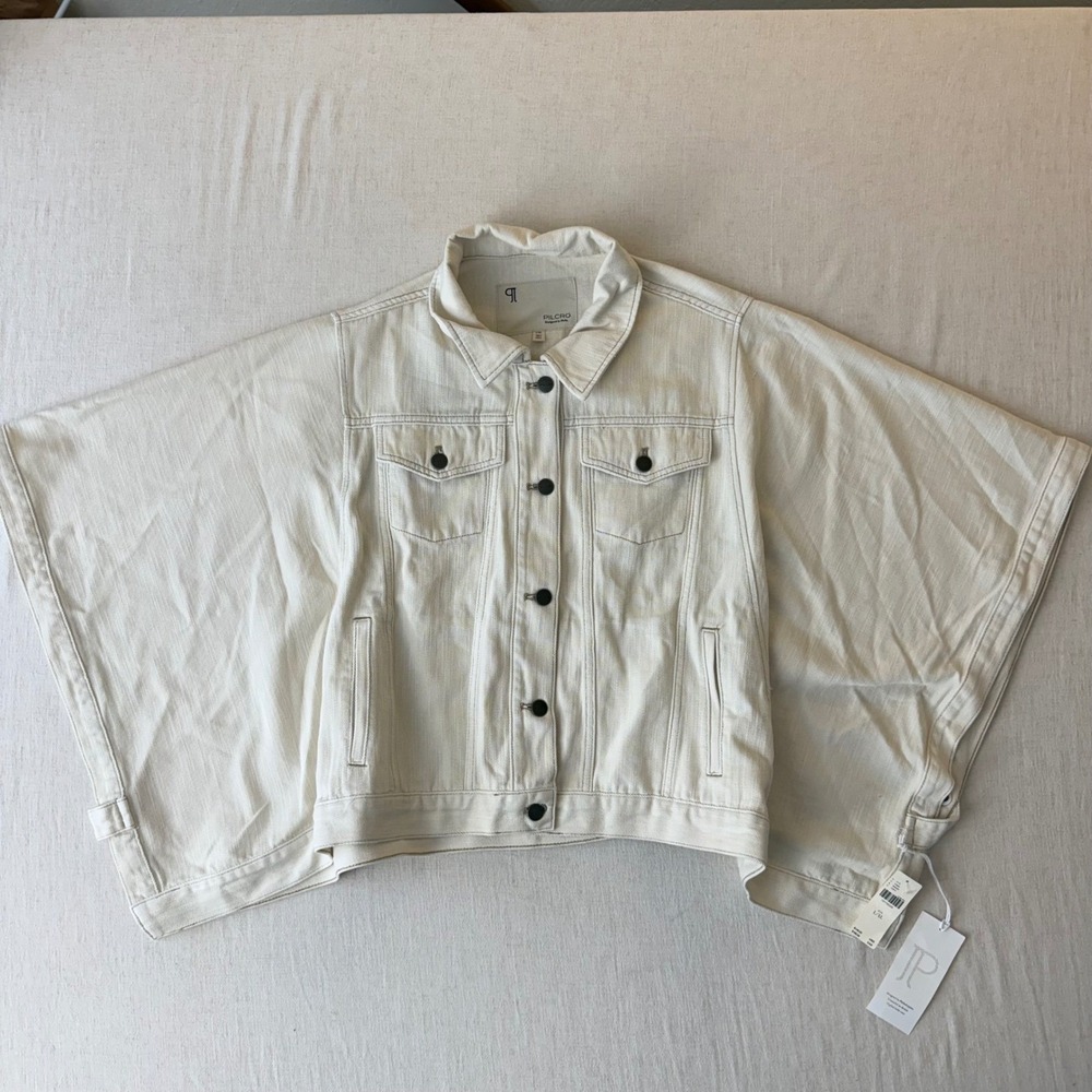 NWT Pilcro Anthropologie Weston Cape Denim Jacket Women L/XL Ivory Oversized - Picture 4 of 16